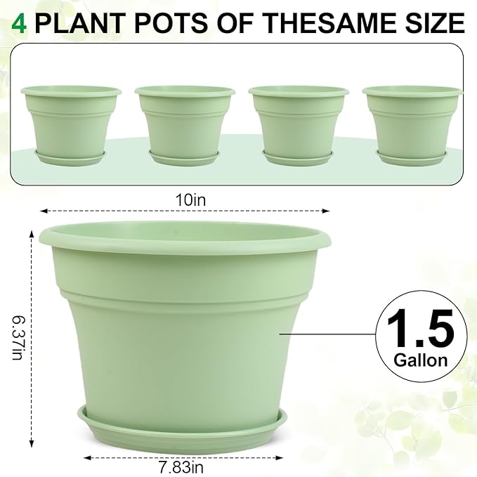 Pottiffe 10 Inch Plastic-Flower-Pot-for-Indoor-Plants, 4 Pack Large Outdoor Planter Pot with Drainage Holes & Saucers, Resin Decorative Garden Pots Planters