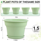 Pottiffe 10 Inch Plastic-Flower-Pot-for-Indoor-Plants, 4 Pack Large Outdoor Planter Pot with Drainage Holes & Saucers, Resin Decorative Garden Pots Planters