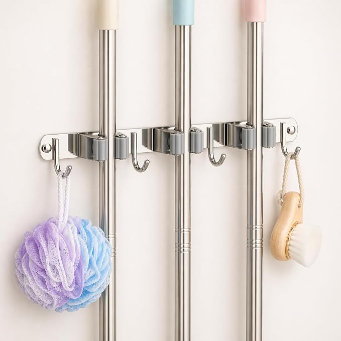 3 Racks and 4 Hooks Mop and Broom Holder Wall Mount, 304 Stainless Steel Broom Hanger Organizer for Home Kitchen Garden Laundry Garage