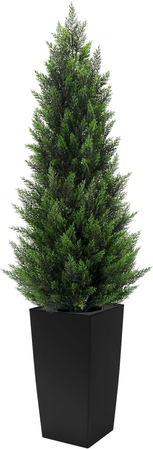 5FT Tall Artificial Cedar Topiary Tree with Compact Pyramidal Shape, Realistic Faux Cypress in Square Black Pot with Fillable Water Bag, Outdoor Evergreen for Front Porch Garden Home Decor