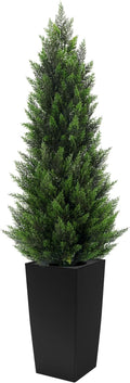 5FT Tall Artificial Cedar Topiary Tree with Compact Pyramidal Shape, Realistic Faux Cypress in Square Black Pot with Fillable Water Bag, Outdoor Evergreen for Front Porch Garden Home Decor