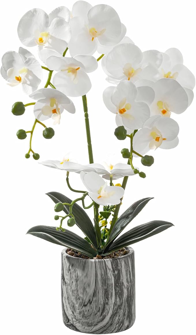 White 16.5'' Fake Orchids Flowers in Pot Bendable Faux Orchids Artificial Flowers Washable Silk Orchid Phalaenopsis Decor for Home Wedding Table Centerpiece Bathroom Office