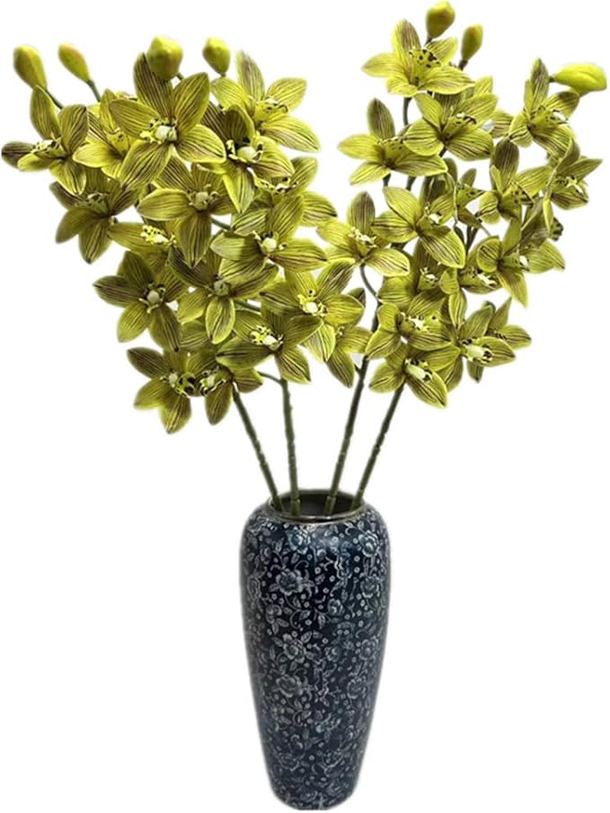 4pcs Artificial Cymbidium Orchid Flower Plant 3D Print Vanda 10 Heads Latex Phalaenopsis Flower (Light Green)