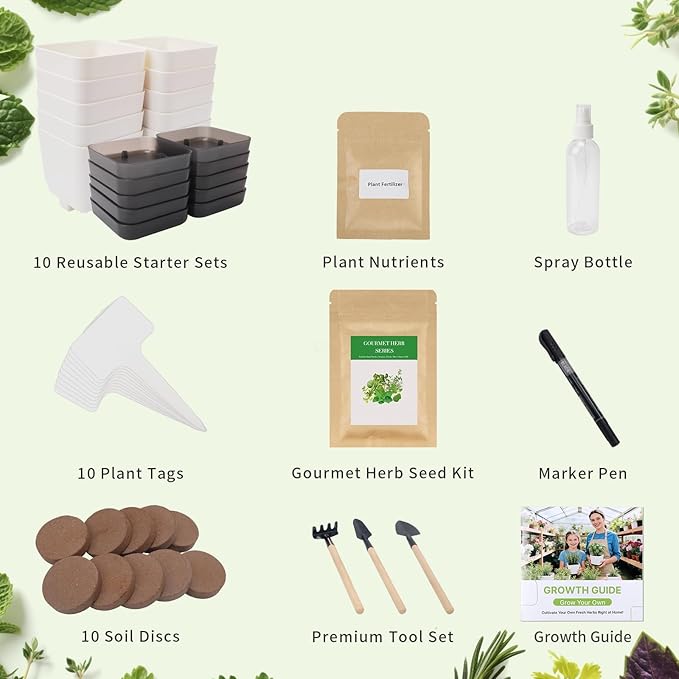 10-Set Indoor Herb Garden Starter Kit, 7 Seeds Growing into Basil, Parsley, Thyme, Mint, Cilantro, Dill, Oregano Including 10 White Pots, Markers, Nutritional Soil, Ideal Christmas Gifts for Women