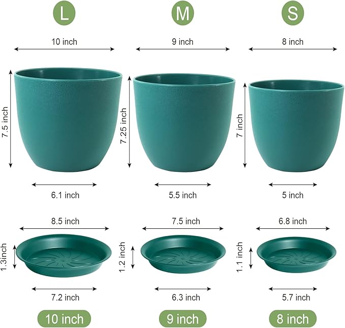 WSMKSZ Flower Pots 10/9/8 inch, Set of 3 Modern Decorative Plastic Planters with Drainage Holes and Tray for House Plants Indoor Flowers Plants, Plant Pots for Indoor Outdoor Plants, Blue Green
