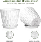 Meowell 7 inch Plant Pots for Indoor Outdoor Plants, 5 Pack Thick Nursery Pots with Drainage Holes and Saucers, 3D Modern Wave Texture Plastic Planter Pots for Flowers and House Plants, White