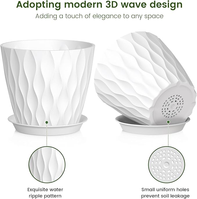 Meowell 7 inch Plant Pots for Indoor Outdoor Plants, 5 Pack Thick Nursery Pots with Drainage Holes and Saucers, 3D Modern Wave Texture Plastic Planter Pots for Flowers and House Plants, White