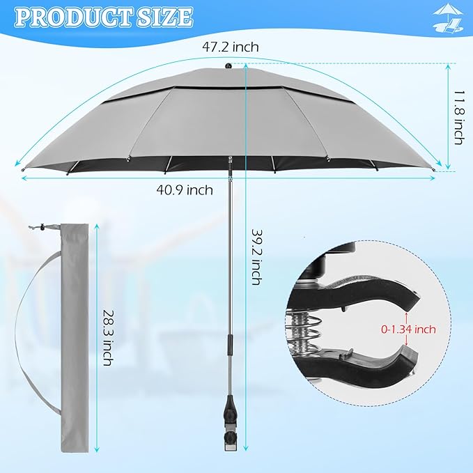 2 Pack 40.9'' Beach Chair Umbrella with 360° Adjustable Canopy & 270° Flexible Clamp, Double Canopy Sun Protection for Wheelchair, Patio, Golf Cart, Camping