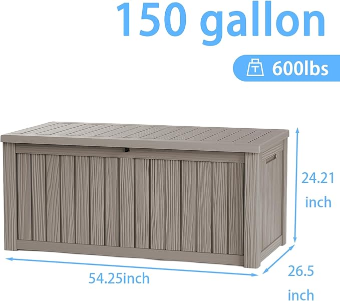 150 Gallon Large Outdoor Storage Box Waterproof, UV Resistant Resin Deck Box with Hydraulic Rod & Lockable Latch for Patio Furniture, Outside Storage Box for Garden Tools, Patio Cushions, Gray
