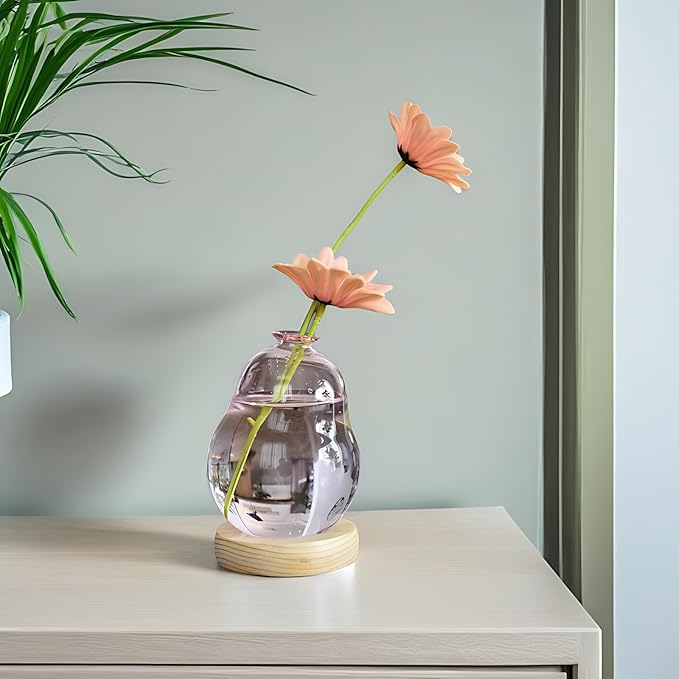 Plant Propagation Station Glass Planter Terrarium Jar with Wooden Stand Adjustable, Unique Flower Vase for Hydroponic Plants Cuttings, Plant Lover Gifts Home Boho Decor (Pink)