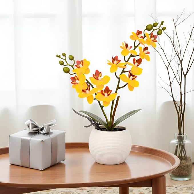 Artificial Orchid Yellow Flower Potted in White Pot, Real Touch Faux Phalaenopsis Orchid for Wedding Home Office Party Decor
