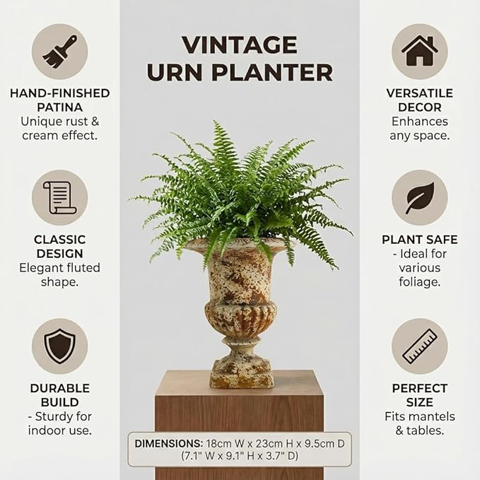 9 Inch Small Retro Urn Planter - Vintage Distressed Tabletop Flower Pot for Indoor Plants, Office Desk, Living Room Shelf & Patio Decor