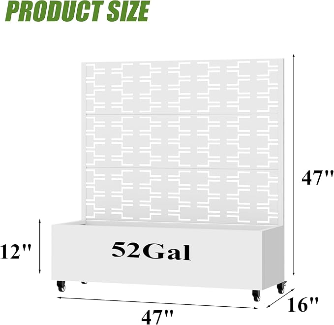 Casaphoria Metal Raised Garden Bed with Trellis and Wheels, 47"x47"x16" Planter Box for Climbing Plants, Vegetables & Vines, Features Drainage Holes and Privacy Screen, White-Brick