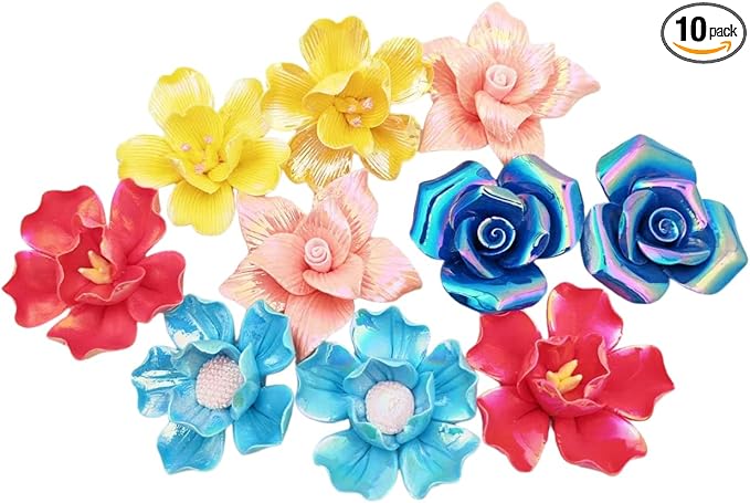 10 PCS 3D Flower Ceramic Tiles,1.6" Handmade Procelain Ceramic Flowers for Artwork,Fish Tank,Vases,Living Room, Dining Table,Office, Home Floral Decor (Double-Flowered Iridescent Mix Color)