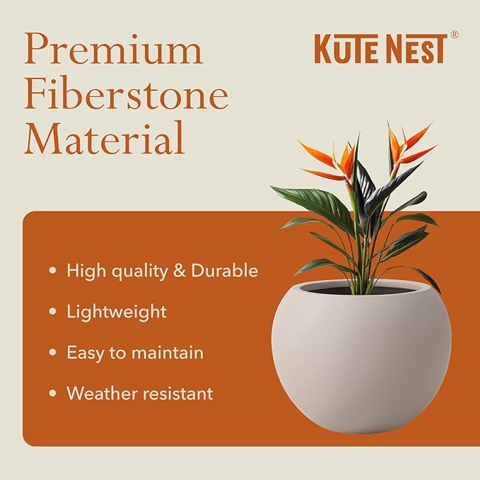 12.8"H x 16"D Premium Globo Fiberstone Round Planter with Drainage Hole, Smooth Finishes, Weather Resistant for Indoor and Outdoor Use, Included 2 Extra Coco Mats (Taupe, 10.7" Pot Opening)