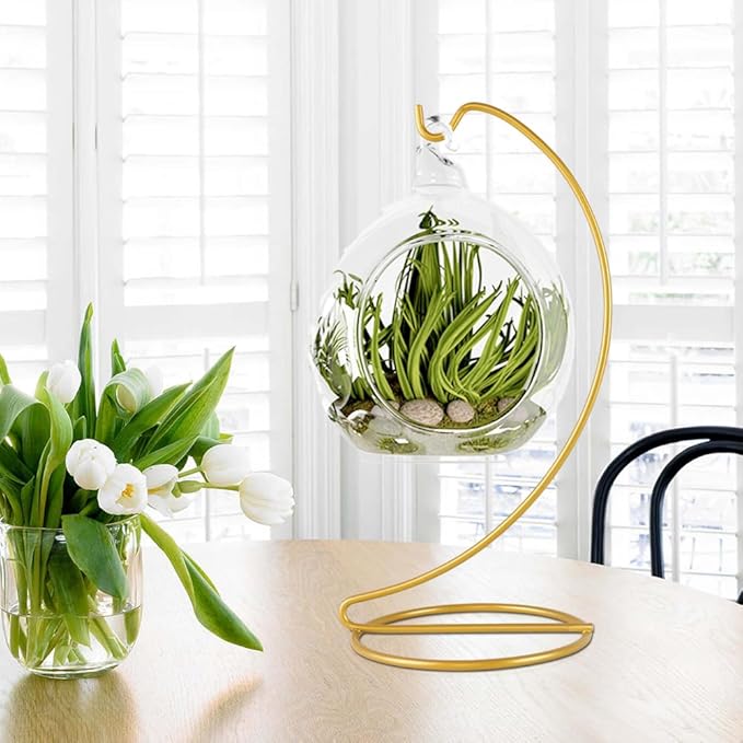 9 Inch Gold Ornament Display Stand, Metal Ornament Hanger Stand for Hanging Glass Globe, Air Plant Terrarium, Witch Ball, Christmas Ornament and Home Wedding Decoration (1, 9x4 Gold)