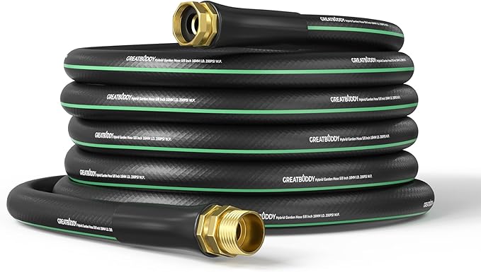 GreatBuddy Garden Hose 50 ft, 5/8" Flexible Rubber Water Hose, Heavy Duty, Lightweight Hose, Burst 600 PSI with Solid Brass Male to Female Fittings, Leakproof Hose for Backyard, Garden