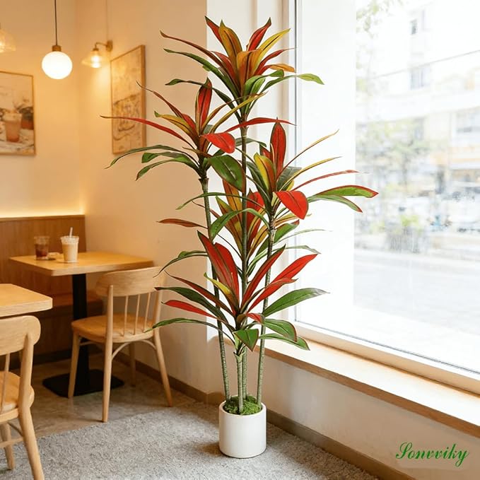 Artificial Dracaena Tree Red 5FT - Faux Trees Indoor with Natural Leaver and Resin Trunk- Large Floor Fake Trees for Living Room, Office Decor