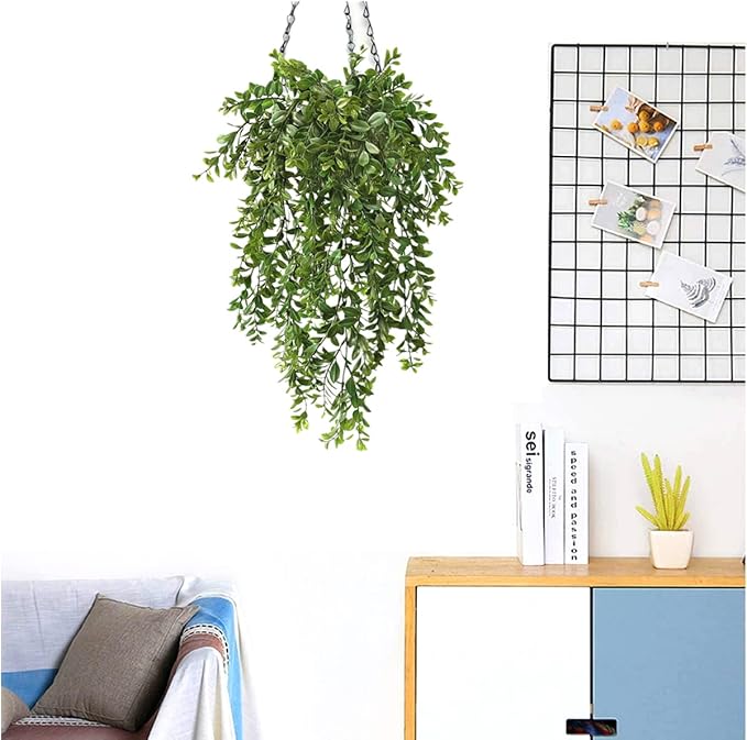 Fake Hanging Vines, Artificial Vine Plastic Green Leaves Plants UV Resistant Greenery Plant for Indoor Outdoor Garden Office Bathroom Decor Wedding Party Christmas Baskets DIY Decoration 2 Pack