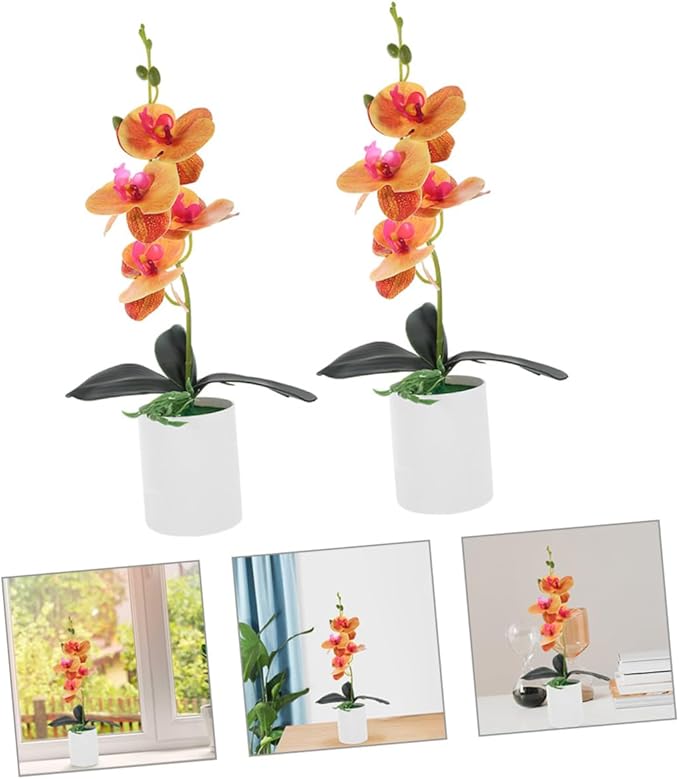 Happyyami 2pcs Artificial Moth Orchids Faux Potted Plant for Home and Office Decoration Realistic Bonsai Ornament for Living Room Garden and Desk Display Orange