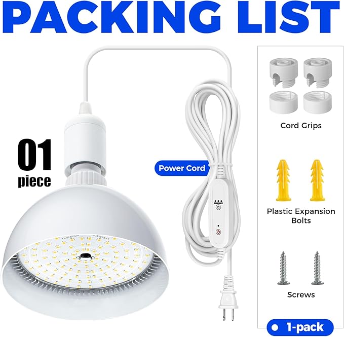 Barrina LED Grow Light Bulb with Timing and Hanging System, 25W Full Spectrum, 4H/9H/14H Timer, Hanging Grow Lights for Indoor Plants with 16.4FT Power Cord, Plug in Pendant Light for Plants