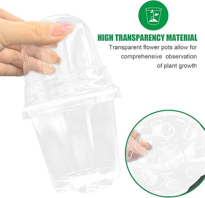 RooTrimmer Transparent Nursery Pots 3.5Inch with Humidity Domes for Seeds Starting, Clear Plastic Plant Pots with Drainage Holes (3.54Inch, 40Pcs,Clear Pots with Lids)