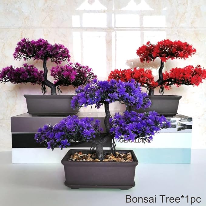 Bonsai Tree, Artificial Plants, Artificial Bonsai Tree Juniper Faux Plants, Indoor Small Fake Plants Decor for Home Bedroom Office Desk Farmhouse Decor(Color:Rose Red)