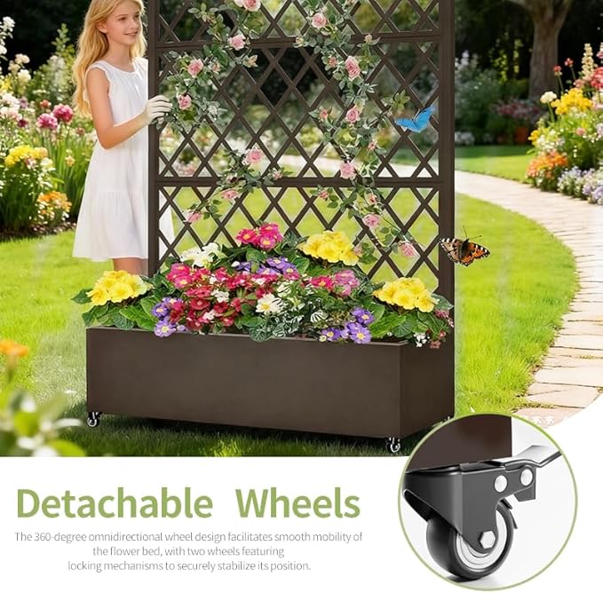 Metal Planter Box with Privacy Screen Trellis,Galvanized Raised Garden Bed On Wheels for Climbing Plants Vines, Standing Garden Flower Bed with Drainage Holes (Espresso, 47" L x16 W x 73" H)