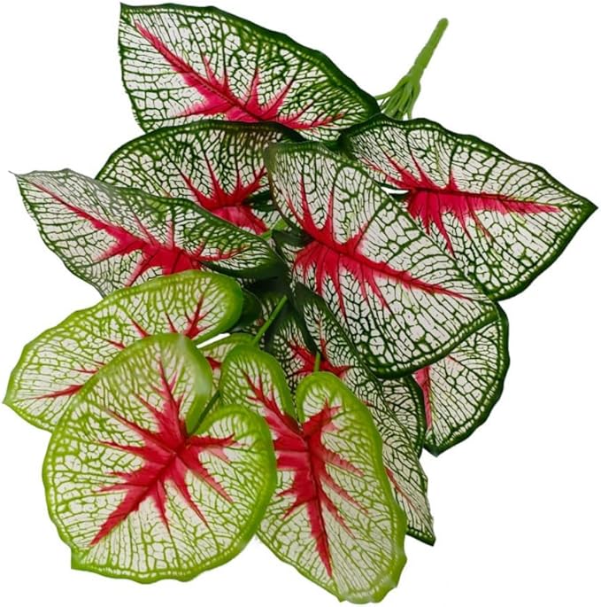 Artificial Caladium Plant with Red and Green Leaves, Red Leaf Artificial Plants Decoration Simulated Bonsai Potted Decor Home Room Party Wedding Office Floor (White(No Flowerpot), 60cm)