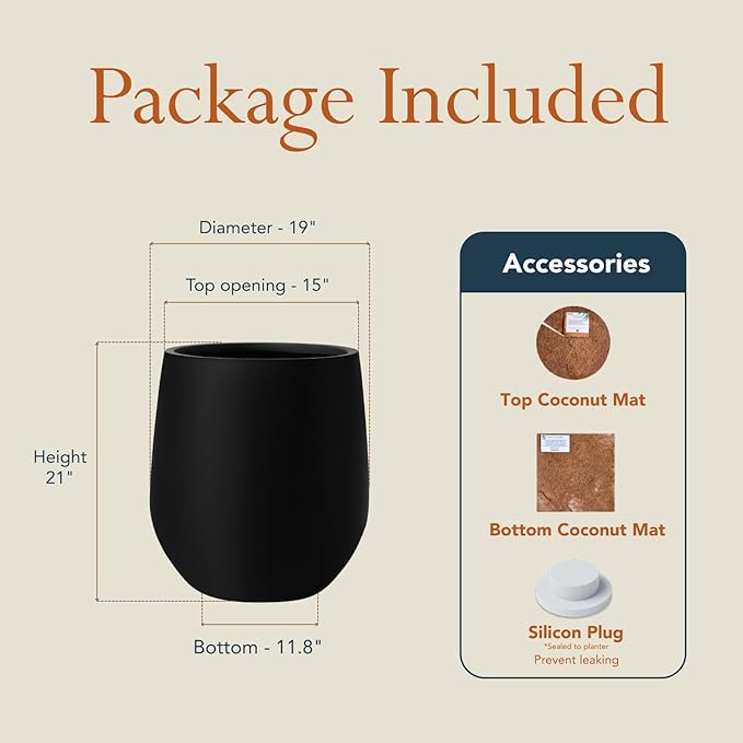 21" H x 19" D Premium Corso Fiberstone Round Tapered Planter with Drainage Hole, Weather Resistant for Indoor and Outdoor Use, Included 2 Extra Coco Mats (Black, 15" Pot Opening)