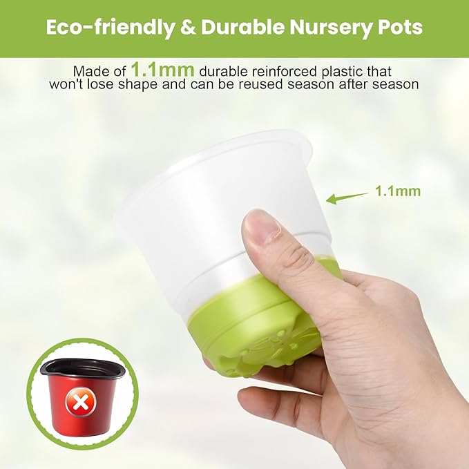 Sckee Clear Nursery Pots for Plants, 30 Packs Plastic Seed Starting Pots with Drainage Holes Plant Nursery Pots Silicone Base (Light Green, 4 inch)