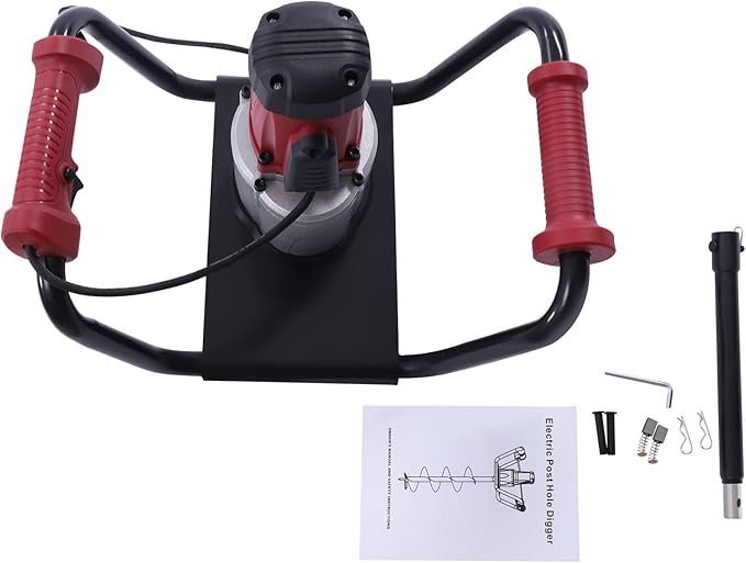 1500W Electric Post Hole Digger with 6-inch Auger Bit & Extension Rod, 1.6HP Pure Copper Motor Earth Auger Post Hole Digger for Fence Post Digging, Tree Planting, 190-200 RPM High Rotational Speed