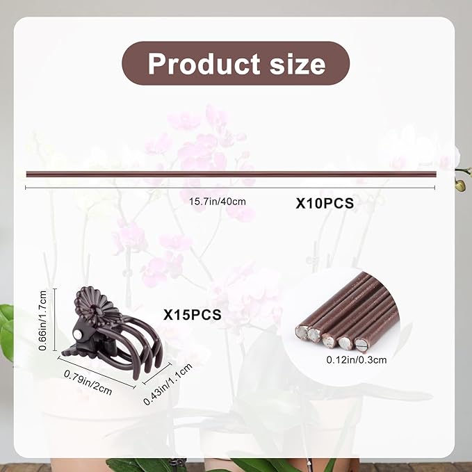 10Pcs Plant Support Stakes with 15pcs Plant Clips,15.7 Inches Bendable Plant Sticks for Indoor and Outdoor Plants,Single Stem Flower Stakes for Phalaenopsis Orchid Flower Roses(Brown)