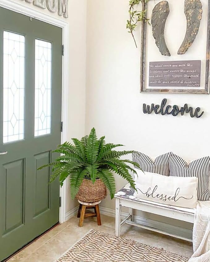 Hollyone 2Pcs Fake Fern Potted Plant 17.7" Small Artificial Boston Ferns in Pot 25 Leaves for Outdoors & Indoor Faux Fern Bush Plant for Patio Garden Farmhouse Windowsill Office Living Room Home Decor