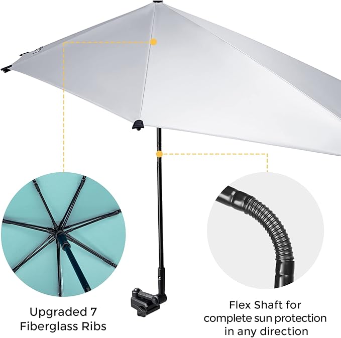 G4Free UPF 50+ Adjustable Beach Umbrella XL with Universal Clamp for Chair Stroller Wheelchair Golf Cart Bleacher Patio