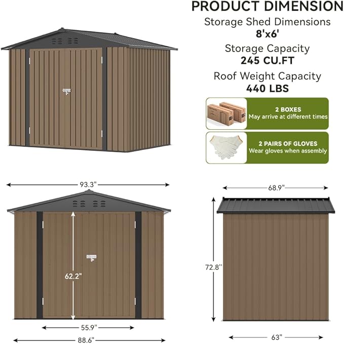 COMHOMA Shed Outdoor Storage Shed Metal,Lockable Doors Tool Sheds with Sloping Roof,Steel Garden Shed with Air Vent for Backyard,Patio,Lawn,Poolside(Brown,8'x6')