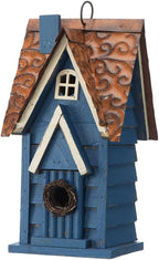 Glitzhome Bird Houses for Outside, 12" H Retro Blue Distressed Solid Wood Cottage Birdhouse Hanging Bird House for Outdoors, Bluebird House for Garden Patio Backyard