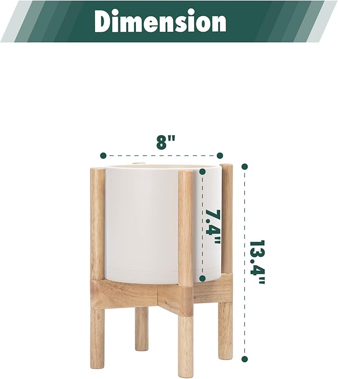 D'vine Dev Planter Pot with Stand - 8 Inch Plastic Cylinder Flower Pot with Wood Planter Holder for Indoor, Oatmeal Pot + Natural Stand, 55-C-J-4
