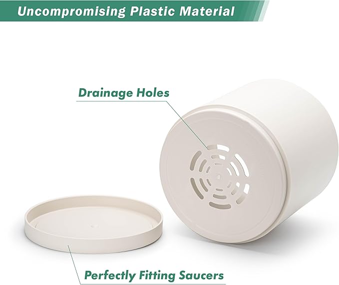 D'vine Dev 10 Inch Plastic Planter Pots for Plant Pot with Drainage Hole and Seamless Saucers, Oatmeal, 74-X-H-2