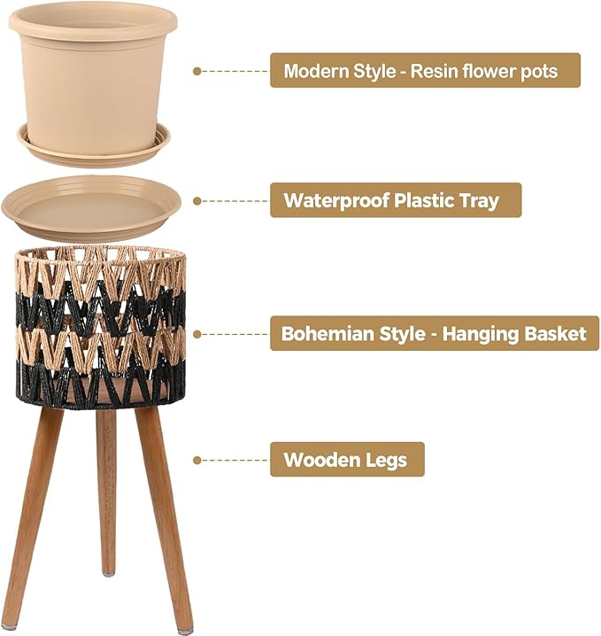 KGPLOME Single Indoor Plant Stand with Planter Pot,10 inch Bohemian Wood Planter Holder for Living Room Bedroom Decor Modern Home Decor (1, Beige Black)