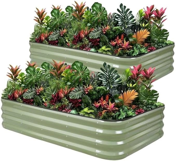 1MORE Raised Garden Bed -5X3X1 Galvanized Planter Box for Outdoor Gardening,4 in 1 Modular Raised Bed Kit with Protective Tape, Gloves for Herb，Ideal for Vegetables and Plants.Green-2Pack