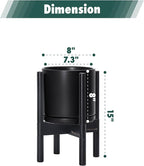 D'vine Dev Ceramic Planter with Ebony Stand - 8 Inch Modern Round Flower Pot with Wood Planter Holder, Black, 55-B-M-2