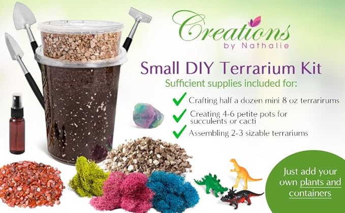 Creations by Nathalie – DIY Large Terrarium Starter Kit with Soil, Moss, Pebbles, Healing Crystal, Tools & Supplies – Terrarium Kit for Adults & Kids, Handcrafted in USA