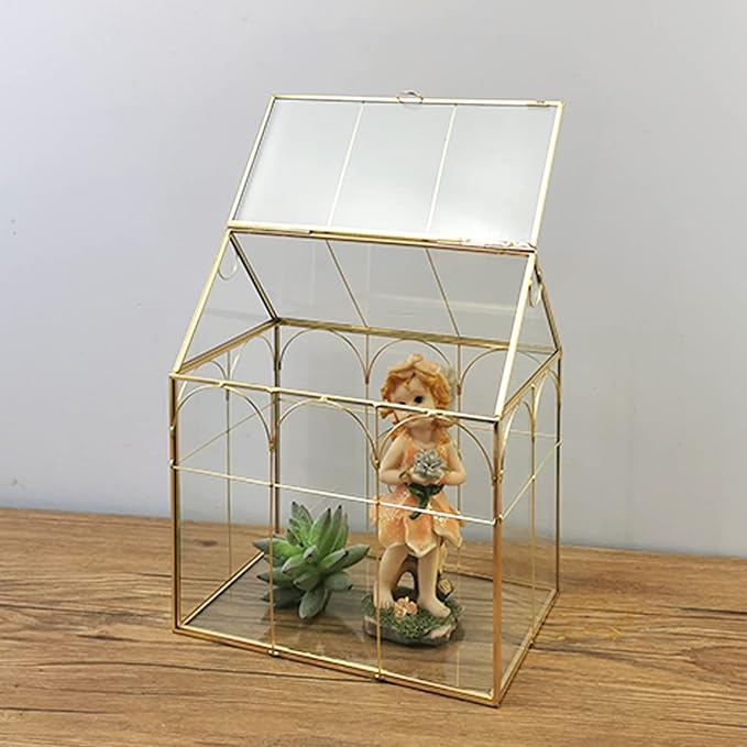 HighFree Geometric Plant Terrarium with Lid, House Succulent Terrarium Kit for Display, Air Plants, Succulents, Home Tabletop Miniature Terrarium, Not Airtight or Waterproof (Gold)