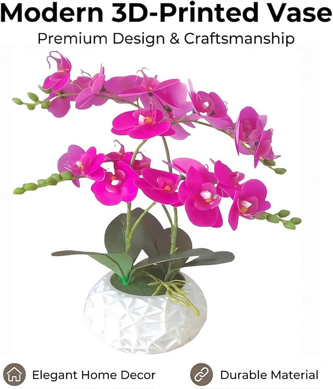 Artificial Orchid with 3D Printed Vase, 24 Stems Realistic Fake Phalaenopsis, Adjustable Silk Flowers for Home Decor, Wedding Table Centerpieces, 20 Inches Tall, Dark Purple