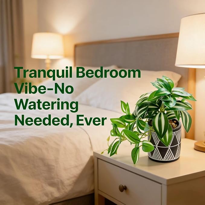 7" Artificial Variegated Pothos Vine in Geometric Ceramic Pot Lifelike Faux Trailing Plant for Indoor Home Office Desk Shelf Bathroom Decor