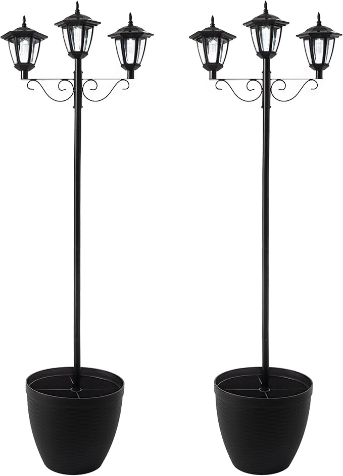 Glitzhome 2Pcs 74” H Outdoor Solar Lamp Post Light Oversized with Planter Pot - 3 Head Street Vintage Garden Solar LED Post Light for Lawn, Pathway, Driveway, Front/Back Door - Warm White