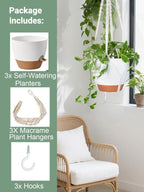 3 Pack 10/8/7 Inch Hanging Planters for Indoor Plants with Self-Watering Hanging Pots with Drainage, 3 Different Size Macrame Plant Hangers with Hooks White Large