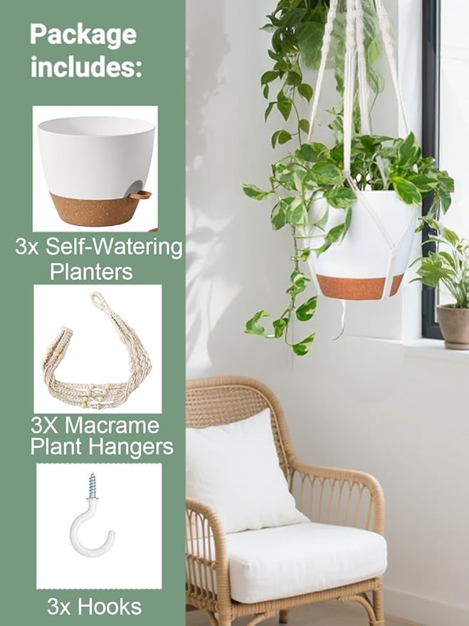 3 Pack 10/8/7 Inch Hanging Planters for Indoor Plants with Self-Watering Hanging Pots with Drainage, 3 Different Size Macrame Plant Hangers with Hooks White Large