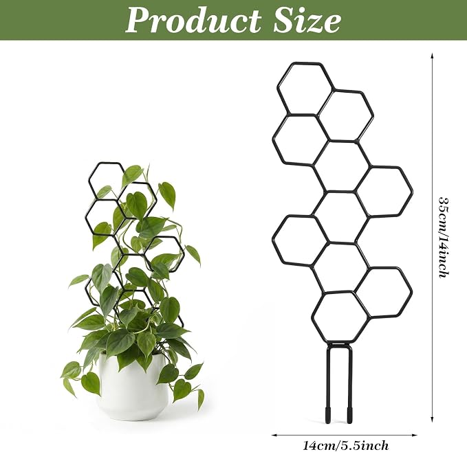 Small Trellis for Potted Plants, 14 Inch Indoor Trellis for Climbing Plants Honeycomb Shape Metal Plant Trellis for Pots Plant Climbing Support for Flower Hoya Pothos Houseplants(Black)